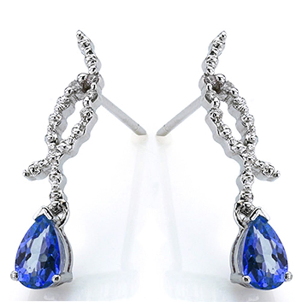 2.25CTW Pear Cut Lab Tanzanite and Diamond Dangle Twist Earrings in Platinum over Sterling Silver: In platinum over sterling silver. Contains 2 pear cut lab tanzanite, 2.25ctw, with excellent color and clarity. Accented with 2 genuine diamonds, .01ctw. Friction backs. 2.1g