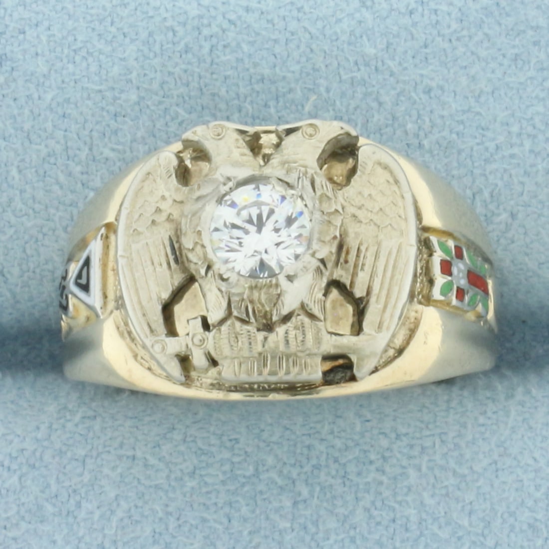 Vintage Enameled Masonic Ring in 10k Yellow and White Gold: In 10k yellow and white gold. Contains one high quality 1/2ct Swarovski CZ gemstone with excellent cut and clarity for added brilliance. 13.5mmw wide at center. Size: 8.5. 9.7g.
