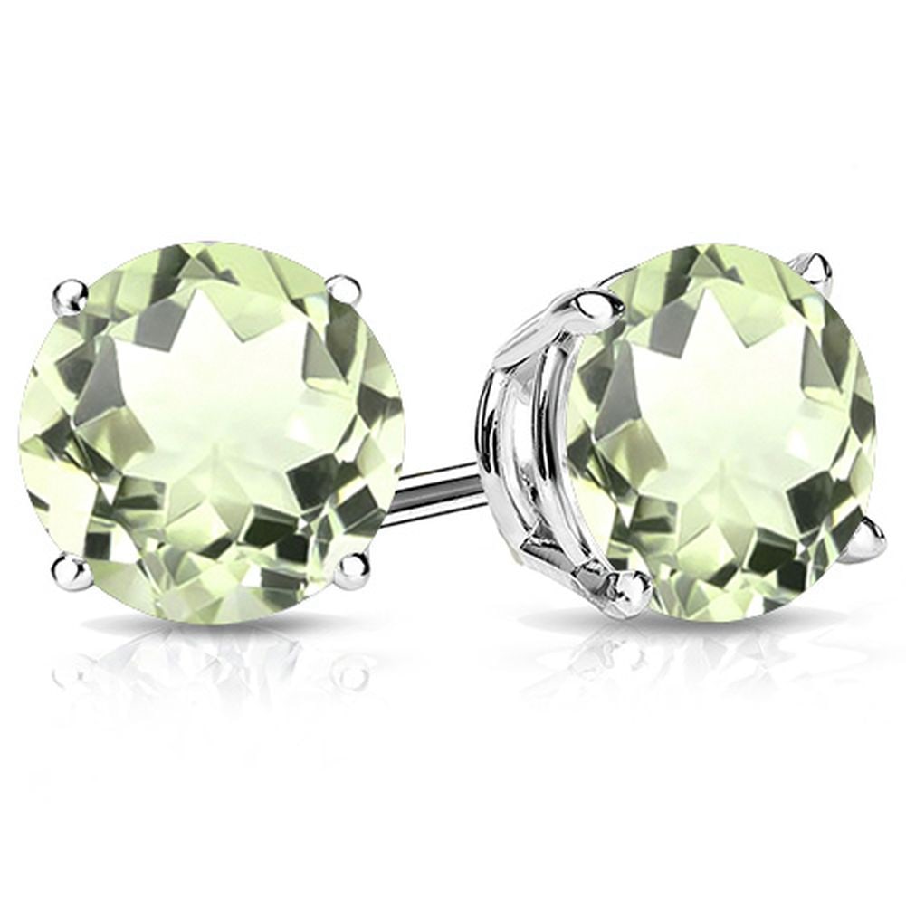 10MM Round Cut Green Amethyst 7.5CTW Stud Earrings in Sterling Silver: In platinum over .925 sterling silver basket mountings with friction backs included. Contains 2 round cut green amethyst gemstones with beautiful pale green color, approx. 7.5CTW, 10mm each. 3.0g