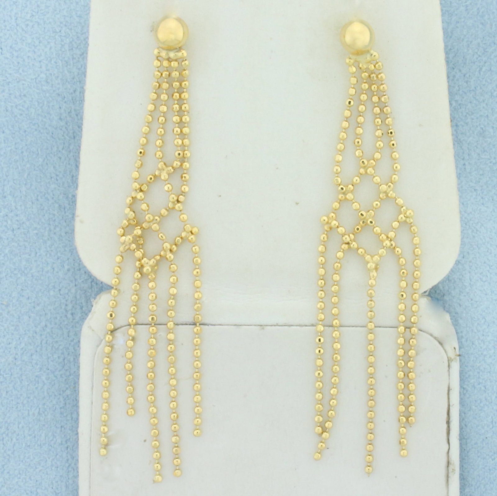 Italian Ball Bead Chandelier Earrings in 14k Yellow Gold: In 14k yellow gold. Italian made. 2 inches long. Friction backs. 2.5g.