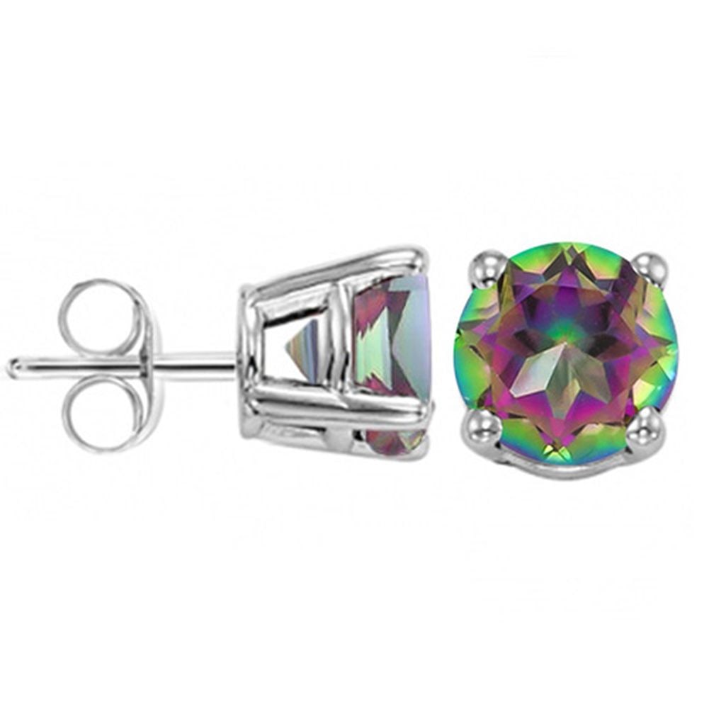 5MM Round Cut Mystic Topaz 1CTW Stud Earrings in Sterling Silver: In platinum over .925 sterling silver basket mountings with friction backs included. Contains 2 round cut mystic topaz gemstones with excellent color and clarity, approx. 1CTW, 5mm each. 0.9g