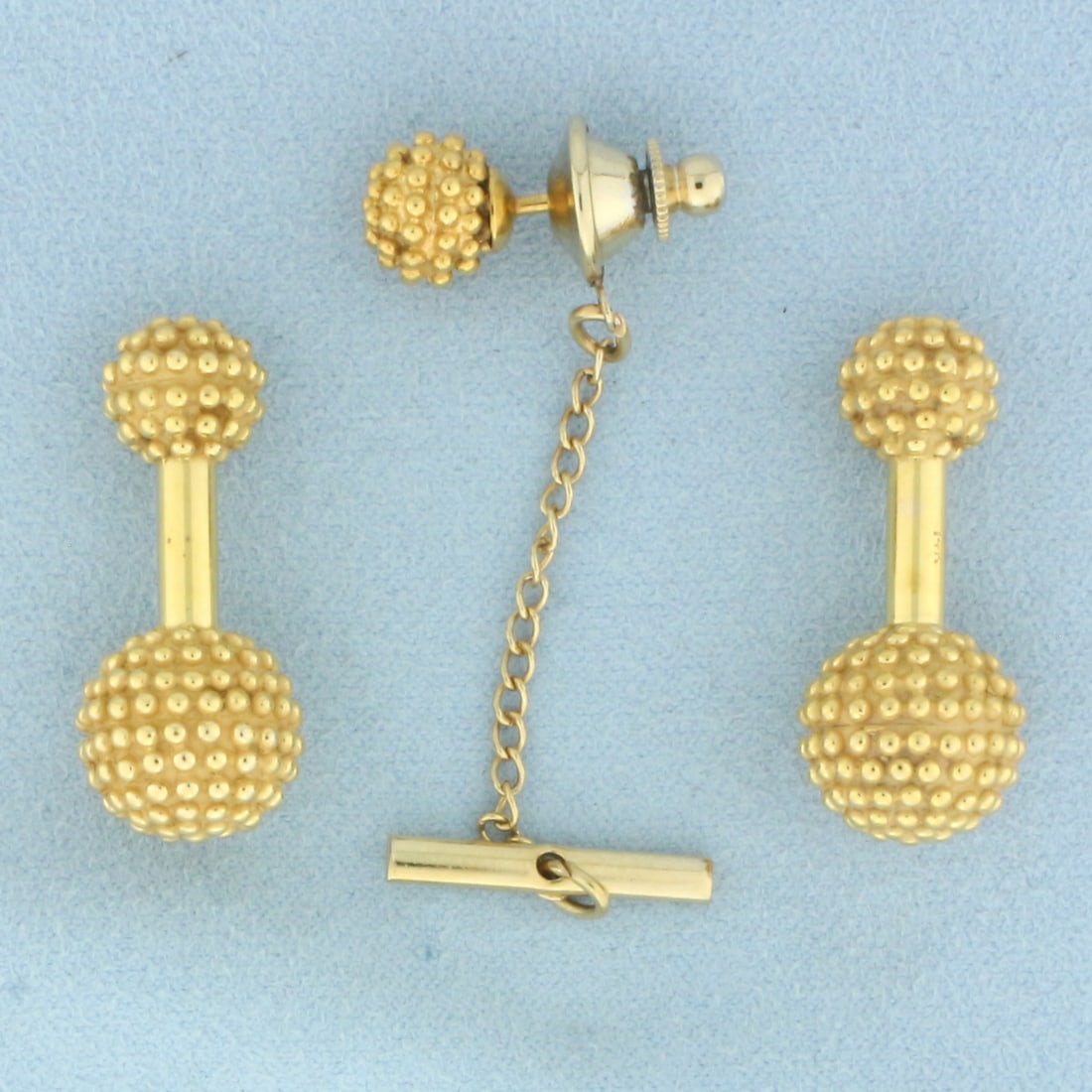 Vintage Beaded Cufflink and Tie Tack Pin Set in 14k Yellow Gold: In 14k yellow gold. Cufflinks are 1 1/8 inches long and balls are 13.2mm diameter. Tie tack ball is 9mm diameter. 22.0g