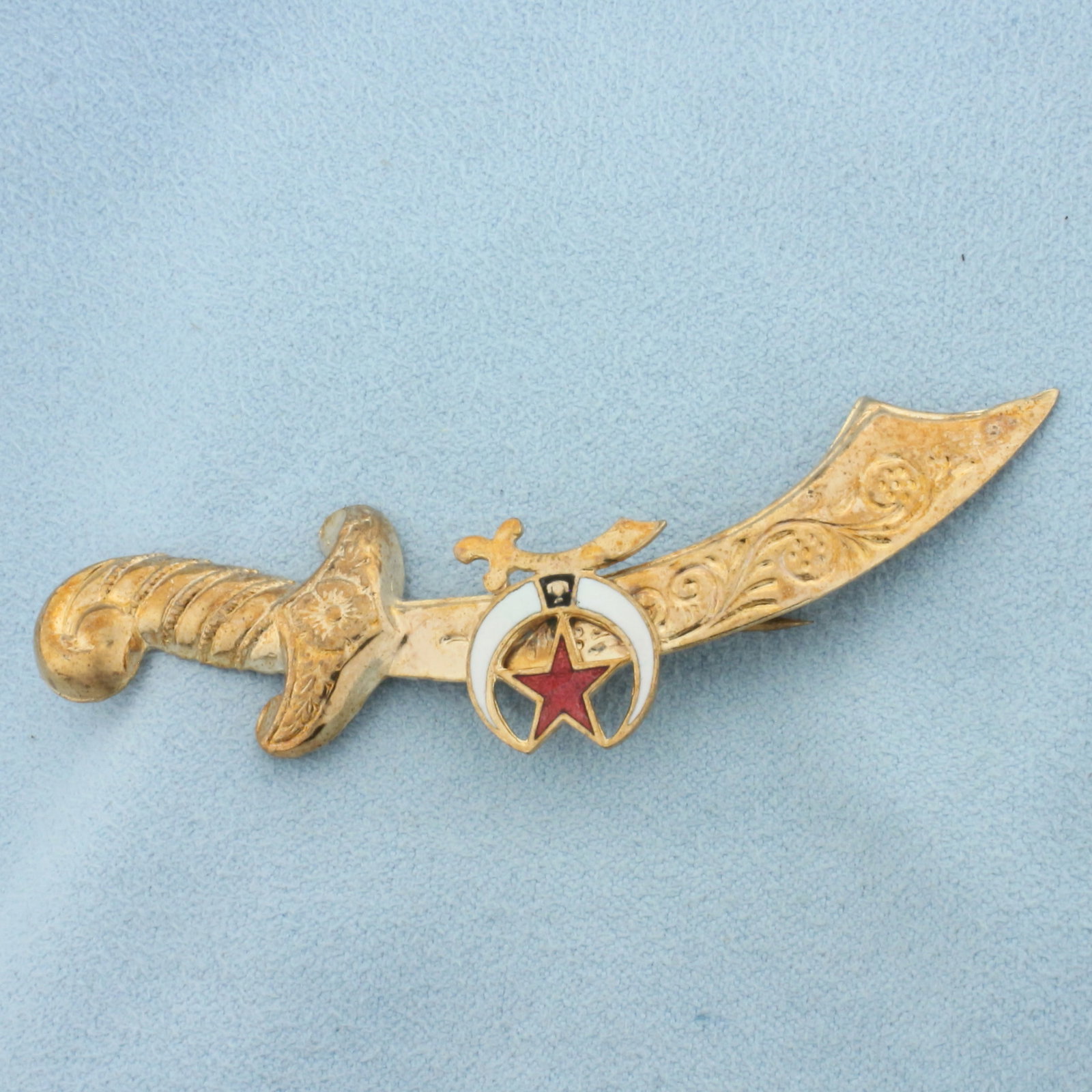 Vintage Masonic Freemason Shriner Sword Shaped Pin: Gold filled. 2 7/8 inches wide and 3/4 inches high.
