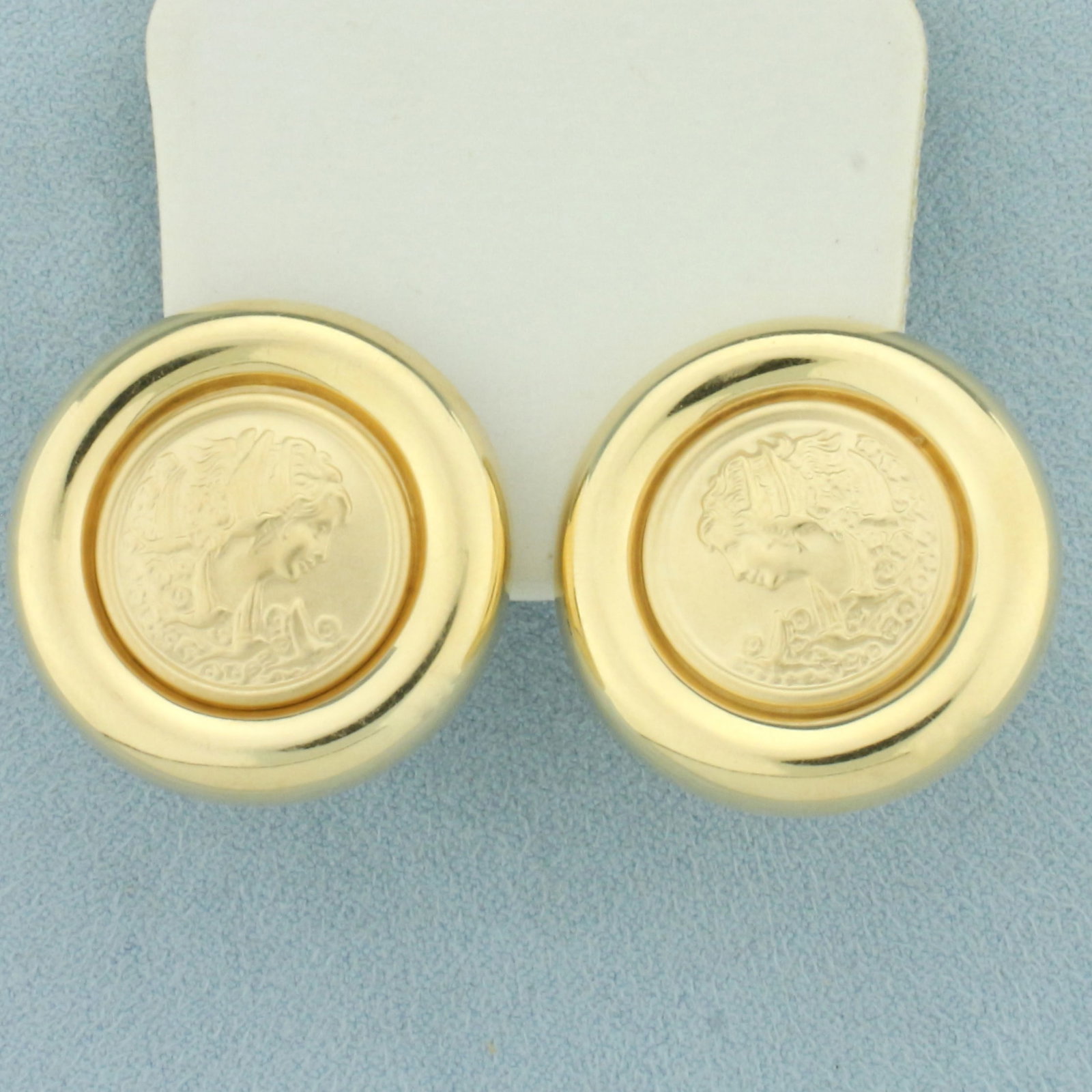Greek Goddess Aphrodite Button Earring in 14k Yellow Gold: In 14k yellow gold. 1 1/8 inches diameter. Omega post backs. 11.2g.