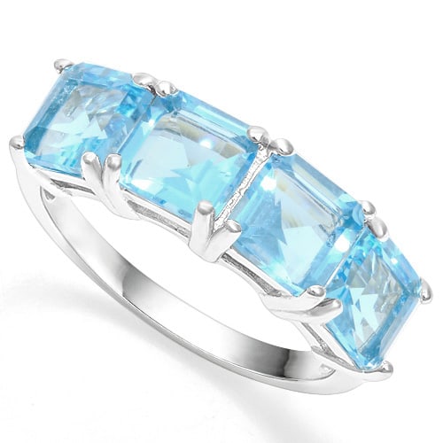 Over 3CTW Baby Swiss Blue Topaz 4 Stone Ring in Sterling Silver: Platinum over sterling silver. Contains 4 square step cut baby swiss blue topaz gemstones with excellent color and clarity. Size 7. 3.3g