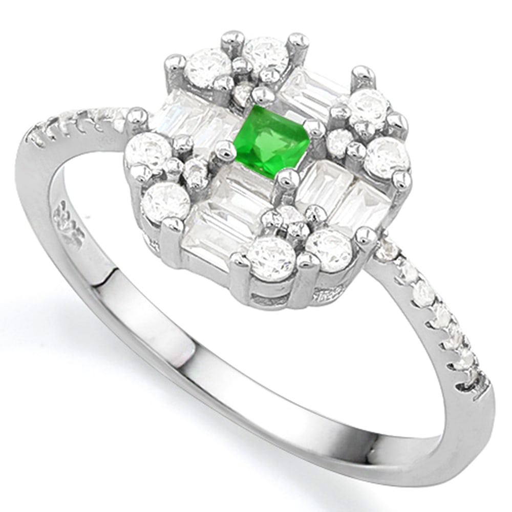 Lab Emerald & White Sapphire Target Halo Ring in Platinum over Sterling Silver: In platinum over sterling silver. Contains one square step cut lab emerald with excellent color and clarity, 2.5mm, accented with 8 baguette and 26 round white sapphires (1.76ctw). Size 8. 2.1g