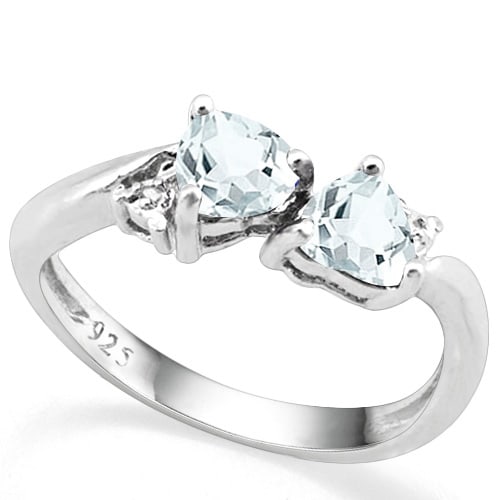 Heart Cut Aquamarine and Diamond Toi Et Moi Ring in Sterling Silver: Platinum over sterling silver. Contains 2 heart cut aquamarine gemstones, 2/5CTW, with light aqua color. Accented with .01ctw genuine diamonds. Size 8. 2.0g