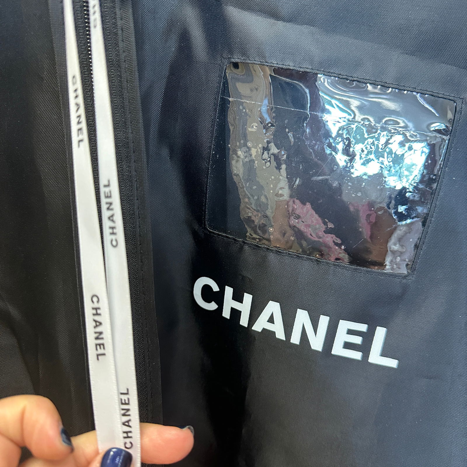 Chanel Long Garment Bag: Guaranteed authentic. Rare LONG size. Clear nametag window. Chanel ribbon pull.