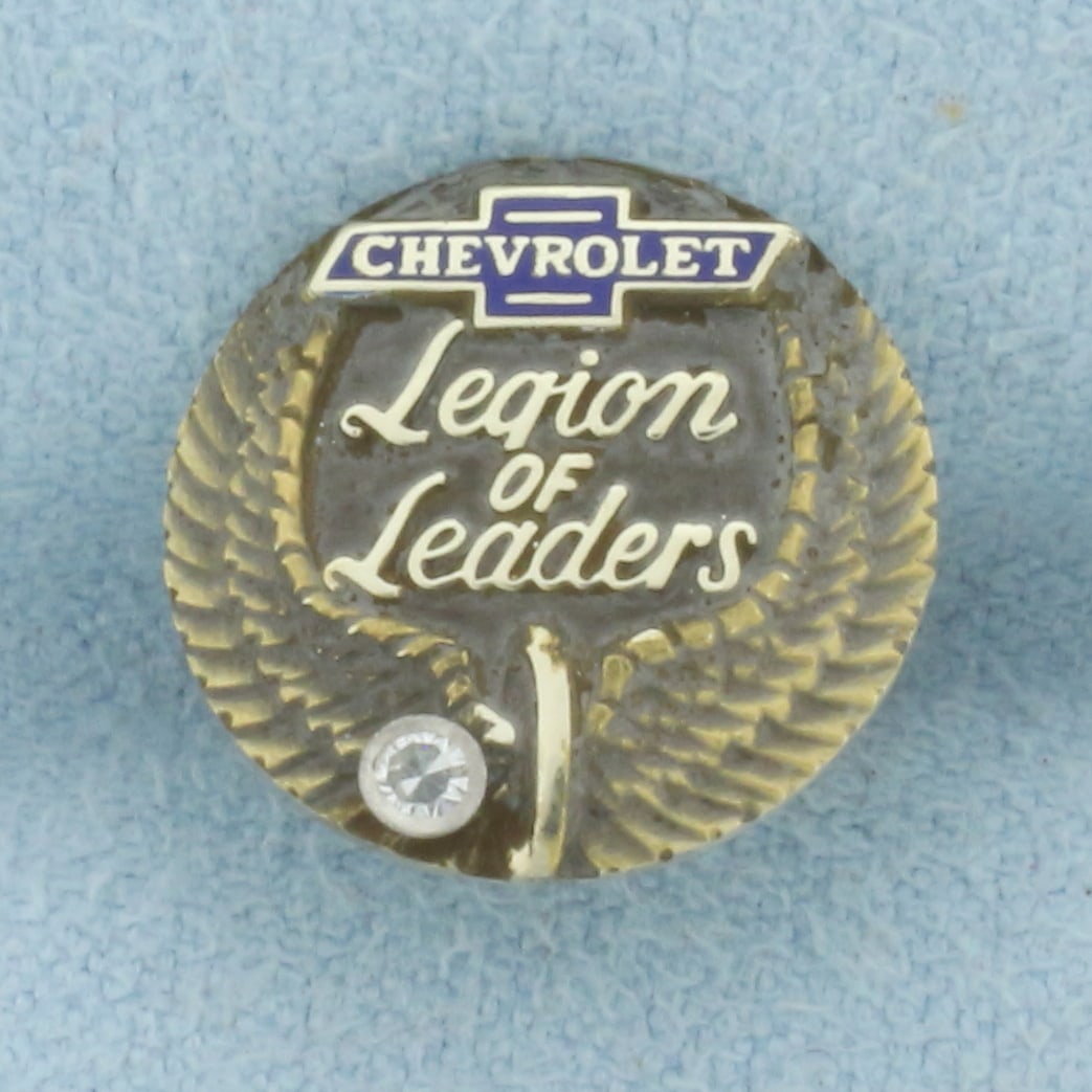 Vintage Chevrolet Legion of Leaders Diamond Pin in 10k Yellow Gold: In 10k yellow gold. Contains one high quality .02ct diamond, SI clarity/H color. 9/16 inch diameter. Blue enamelwork. "Chevrolet Legion of Leaders." Original box included. 2.0g.