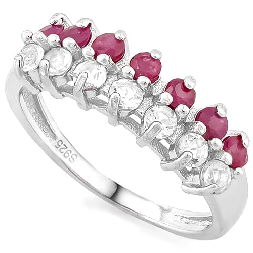 Ruby & White Topaz Line Ring in Sterling Silver: Platinum over sterling silver. Contains 2/3ctw ruby gemstones with deep red color accented by 1/2ctw white topaz gemstones. Size 7. 2.5g