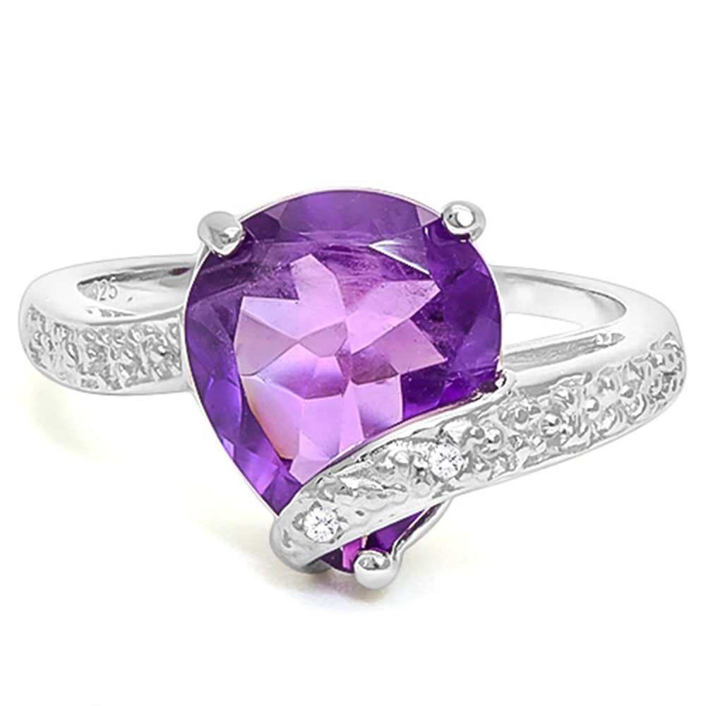 3D 4CTW Pear Cut Amethyst & Diamond Ring in Platinum over Sterling Silver: In platinum over sterling silver. Contains one pear cut amethyst gemstone, 4 carats, with excellent color and clarity accented by 2 genuine diamonds, .01ctw. Size 7. 3.7g