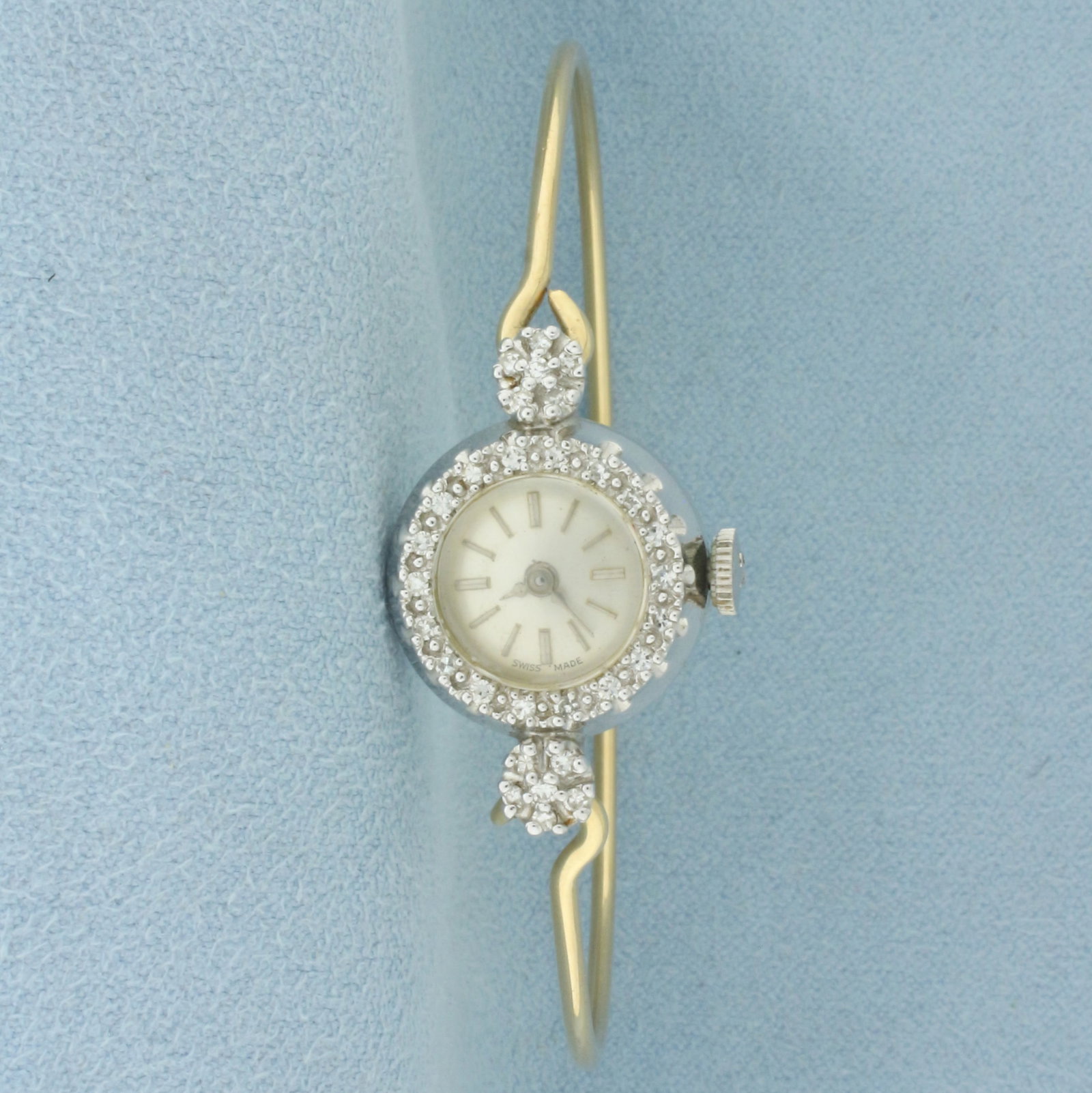 Vintage Ladies Lucian Piccard Diamond Dress Watch in 14k Yellow and White Gold: In solid 14k white gold case with solid 14k yellow gold bracelet. Contains 30 single cut 1/2pt diamonds. Wind up Swiss movement runs great. 2 1/4 inch interior bracelet diameter. 17m case. 11.0g.