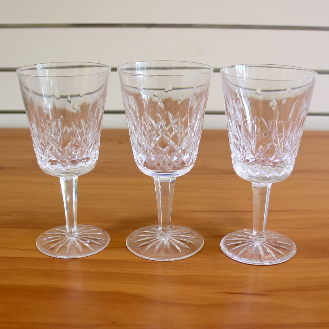 Waterford Lismore Crystal Water Goblets Set of 3: Lead Crystal. 6 7/8 inches tall, Old Gothic Waterford Mark. Excellent condition, no defects.