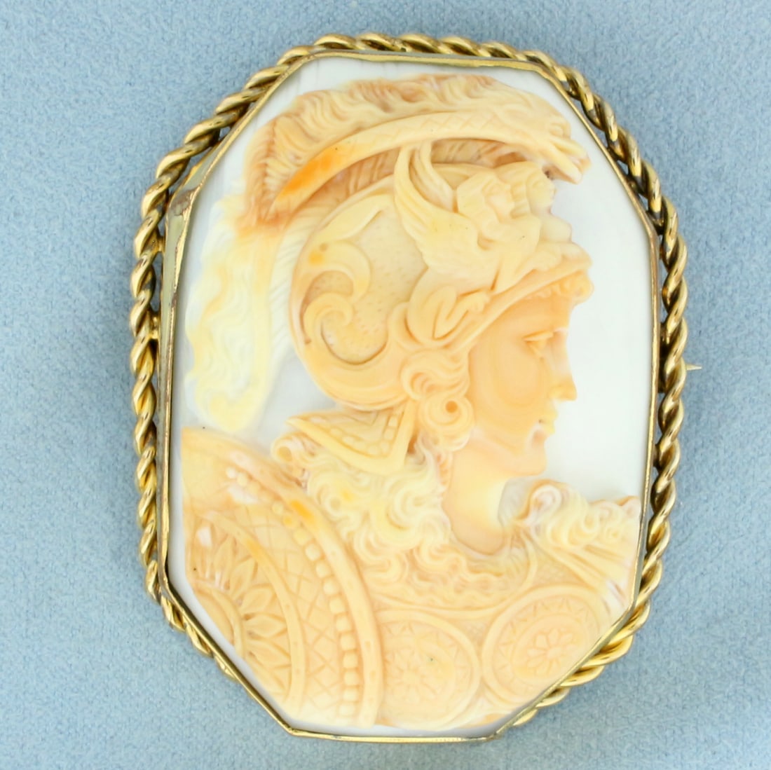 Vintage Carved Shell Cameo Pin Brooch: 10k Yellow Gold Filled border. 2 1/4 inch long. 1 3/4 inch wide. 32.8g.