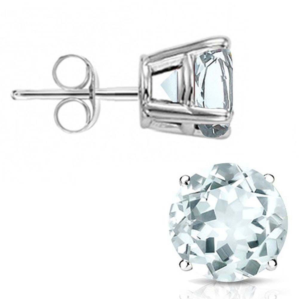 6MM Round Cut Aquamarine 1.75CTW Stud Earrings in Sterling Silver: In platinum over .925 sterling silver basket mountings with friction backs included. Contains 2 round cut aquamarine gemstones with excellent light color and clarity, approx. 1.75CTW, 6mm each. 1.3g