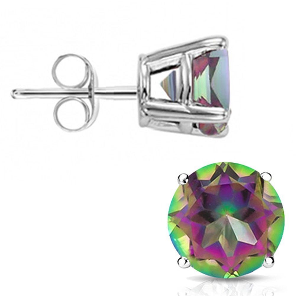 6MM Round Cut Mystic Topaz 2CTW Stud Earrings in Sterling Silver: In platinum over .925 sterling silver basket mountings with friction backs included. Contains 2 round cut mystic topaz gemstones with excellent color, approx. 2CTW, 6mm each. 1.4g