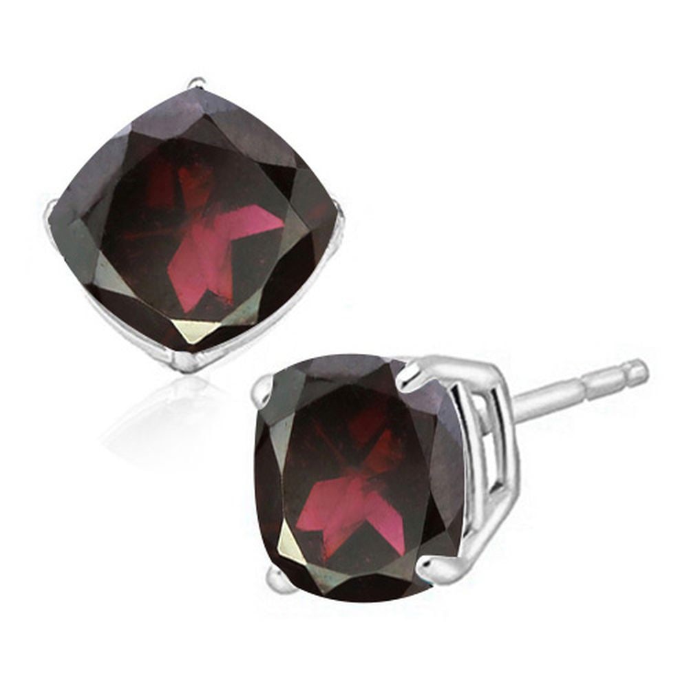 6MM Cushion Cut Garnet 2CTW Stud Earrings in Sterling Silver: In platinum over .925 sterling silver basket mountings with friction backs included. Contains 2 cushion cut garnet gemstones with excellent color and clarity,approx. 2CTW, 6mm each. 1.6g