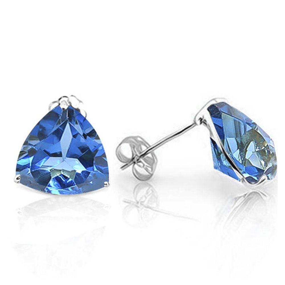 5MM Trillion Cut London Blue Topaz 1.2CTW Stud Earrings in Sterling Silver: In platinum over .925 sterling silver basket mountings with friction backs included. Contains 2 trillion cut light London Blue Topaz gemstones with excellent color and clarity, approx. 1.2CTW, 5mm eac