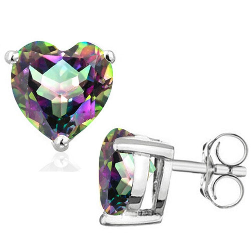 6MM Heart Cut Mystic Topaz 2CTW Stud Earrings in Sterling Silver: In platinum over .925 sterling silver basket mountings with friction backs included. Contains 2 heart cut mystic topaz gemstones with excellent color and clarity,approx. 2CTW, 6mm each. 1.1g