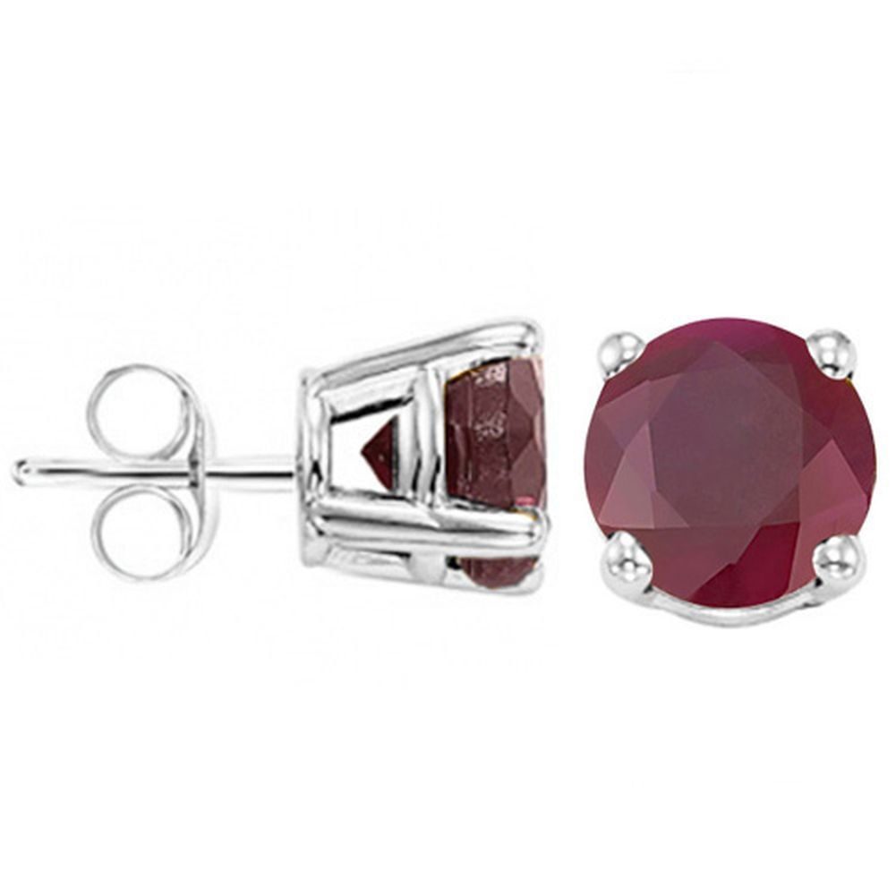 6MM Round Cut Ruby 2CTW Stud Earrings in Sterling Silver: In platinum over .925 sterling silver basket mountings with friction backs included. Contains 2 round cut genuine ruby gemstones with opaque rustic red color, approx. 2CTW, 6mm each. 1.6g