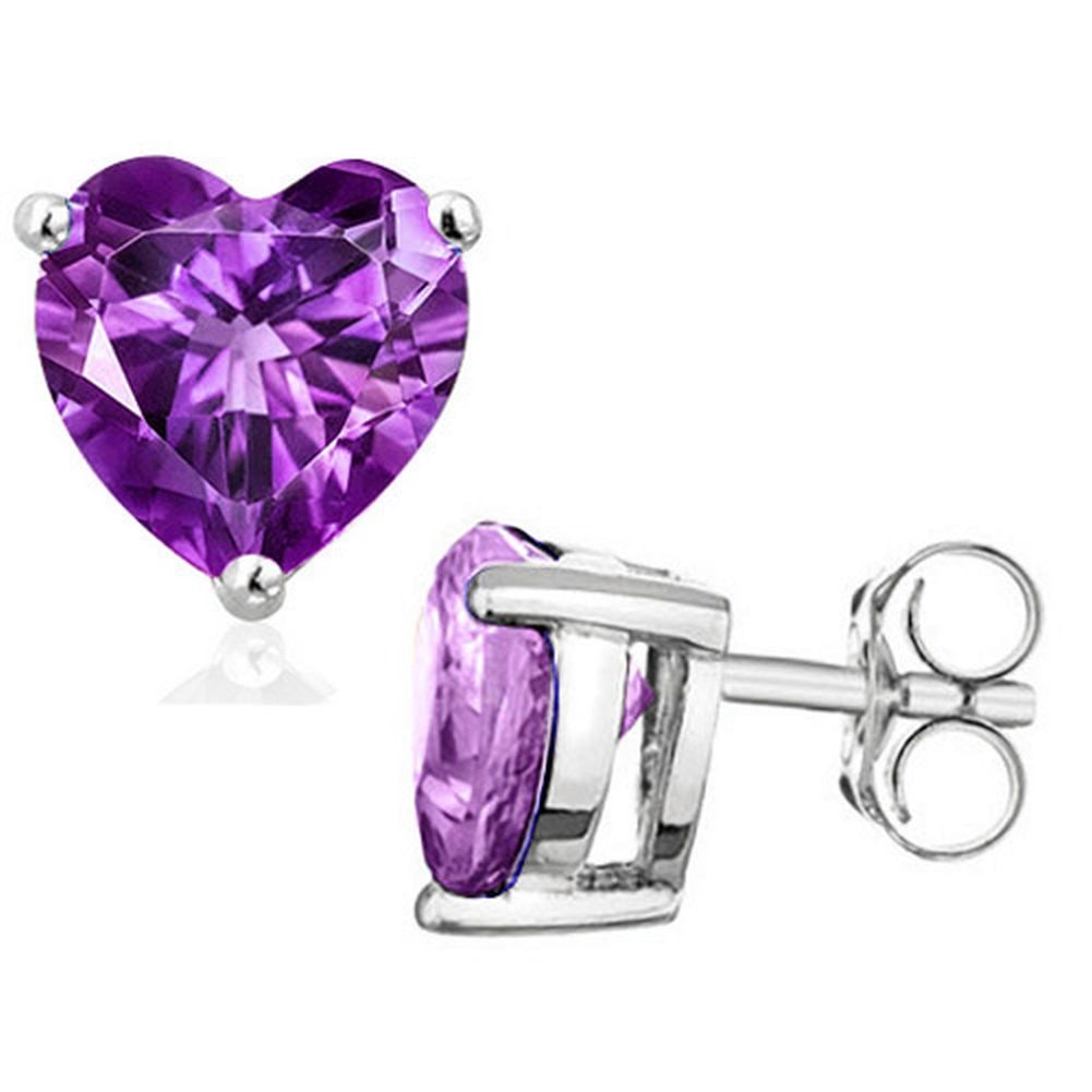 5MM Heart Cut Amethyst .9CTW Stud Earrings in Sterling Silver: In platinum over .925 sterling silver basket mountings with friction backs included. Contains 2 heart cut amethyst gemstones with light purple color and excellent clarity, approx. 0.9CTW, 5mm each. 0.