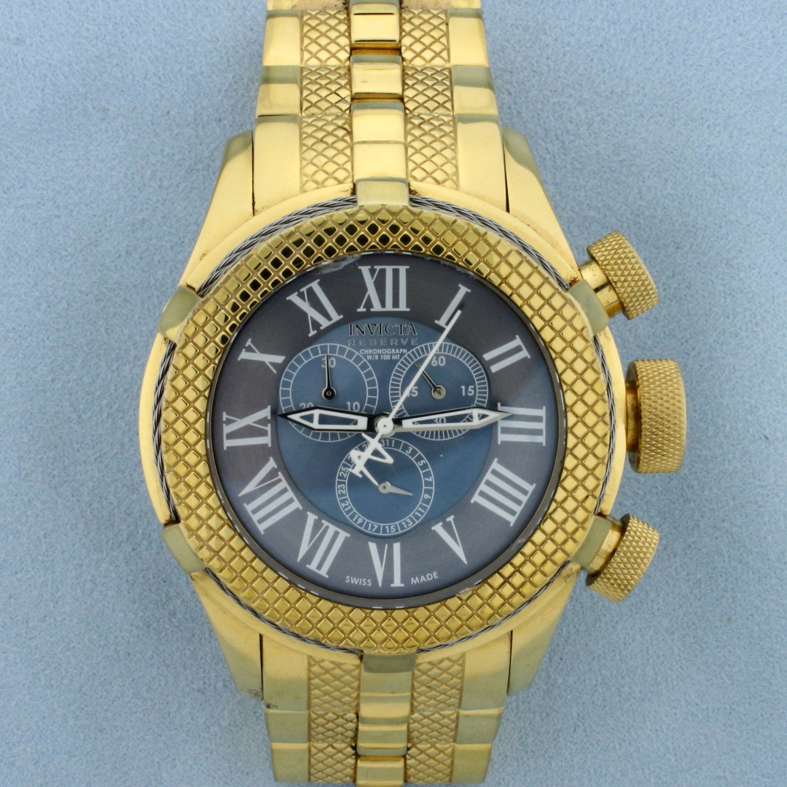 New Mens Invicta Bolt Sport Reserve Watch: In Gold Plated Stainless Steel. 52mm case. Swiss quartz movement. Extra links included. New battery, runs great. Never been worn.