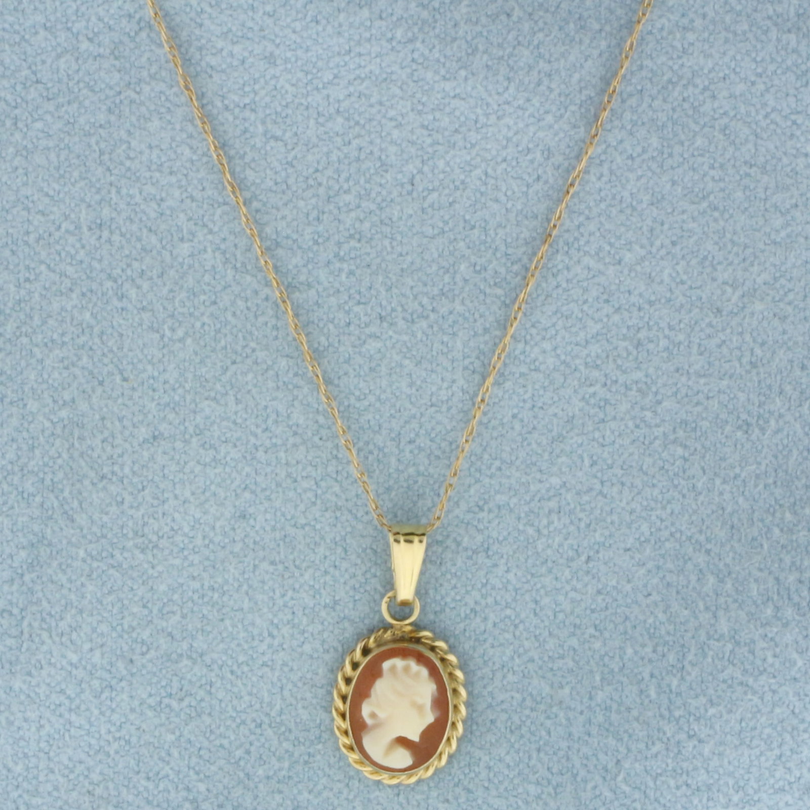 Vintage Cameo Necklace in 10k Yellow Gold: In 10k Yellow Gold. 5/8 inch by 5/16 inch carved cameo pendant. 20 inch long chain, .5mm wide. Spring clasp. 1.1g.