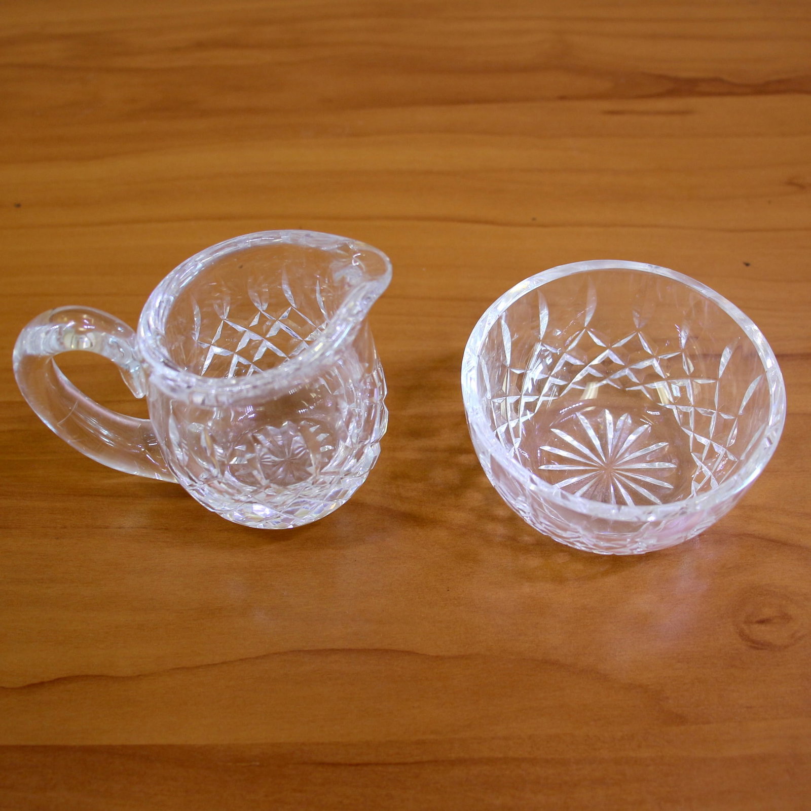 Waterford Lismore Crystal Creamer and Sugar Set: Contains one 2 7/8 inch creamer and one 3 1/8 inch sugar bowl.