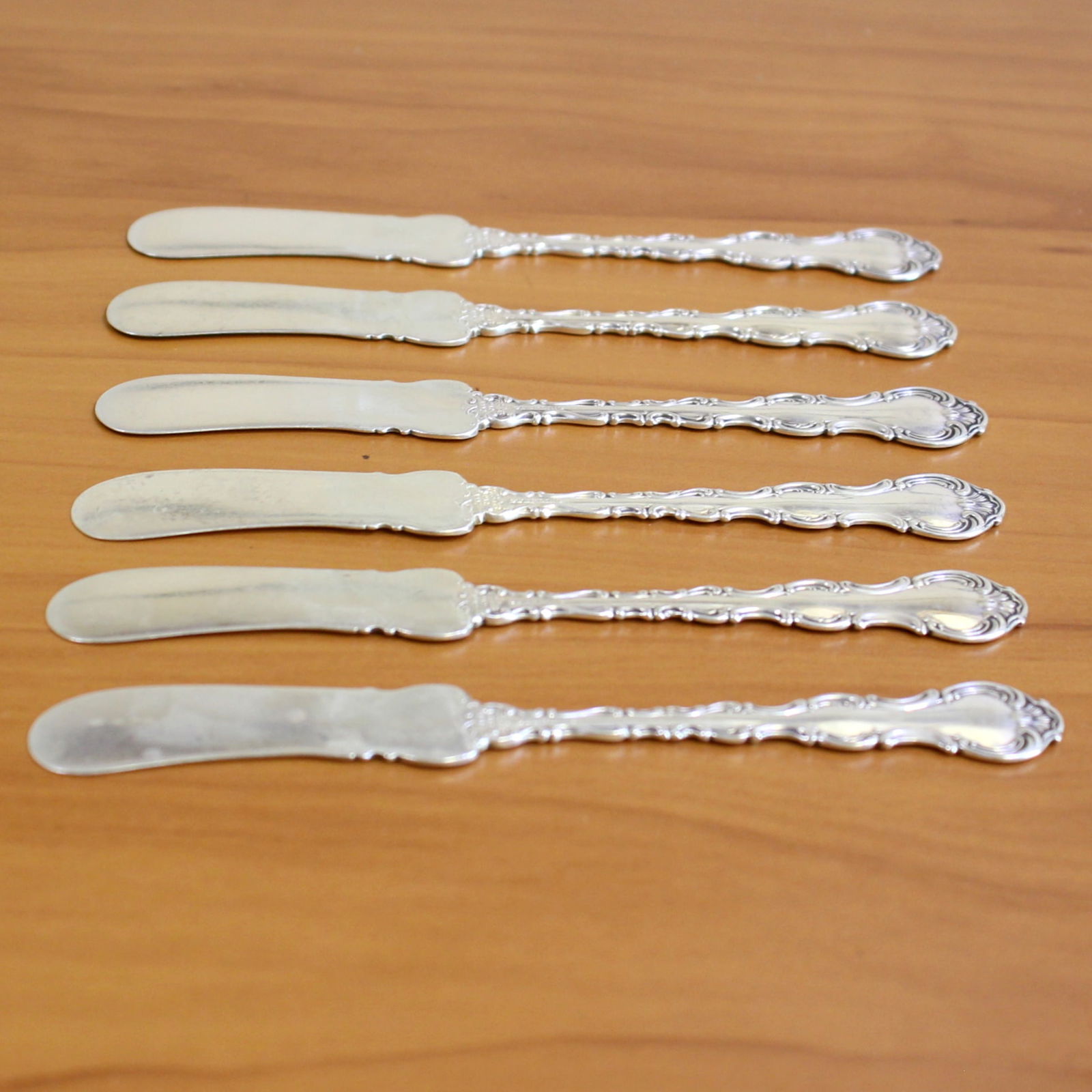 Gorham "Strasbourg" Sterling Silver Butter Spreaders Set of 6: In Solid.925 Sterling Silver. Contains six flat handle solid butter spreaders. 6 inches long. 119.2g.