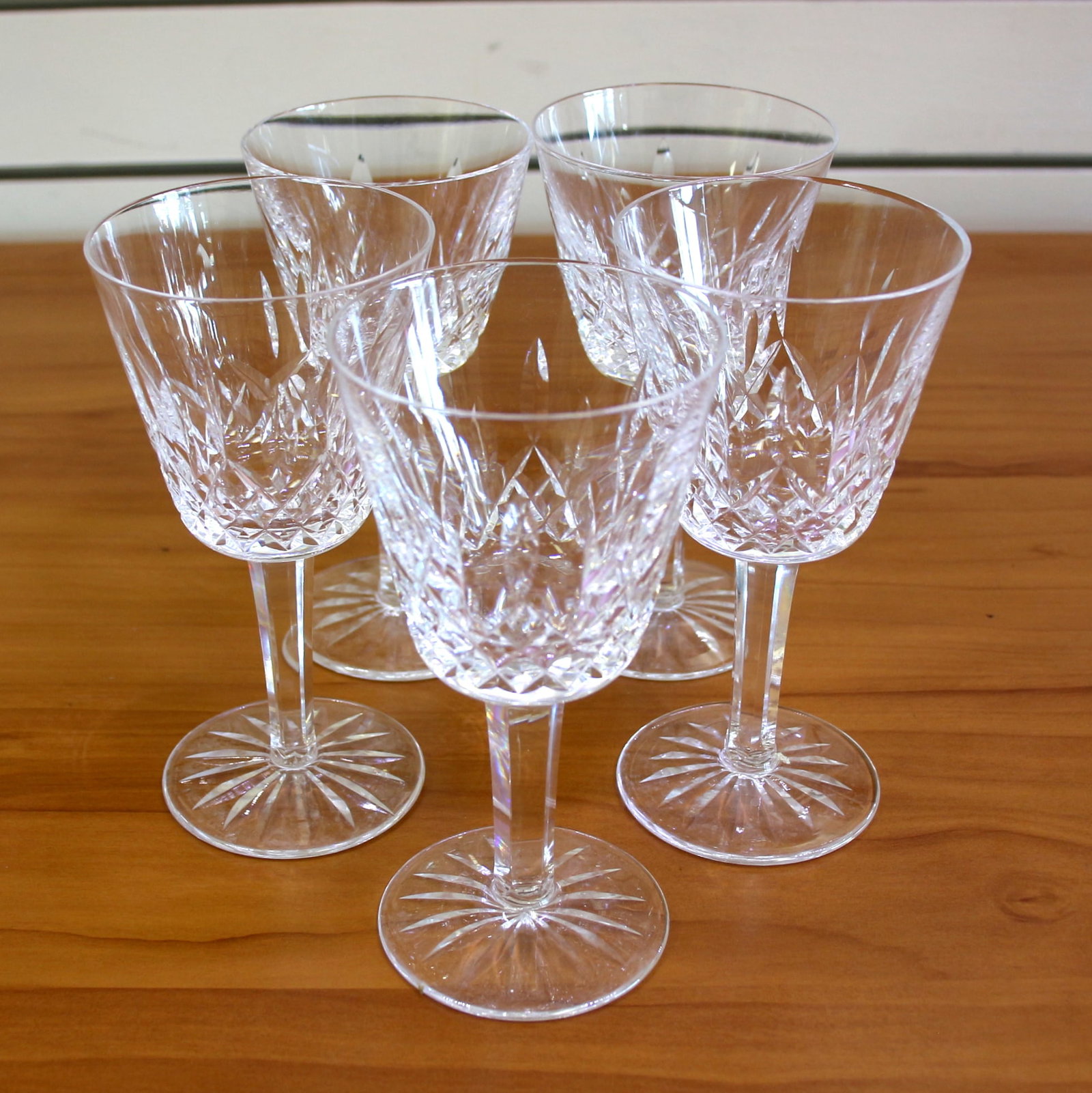 Waterford Lismore Crystal Wine Glasses Set of 5: Five 5 7/8 inches claret wine glasses. Old Gothic Waterford mark. Excellent condition.