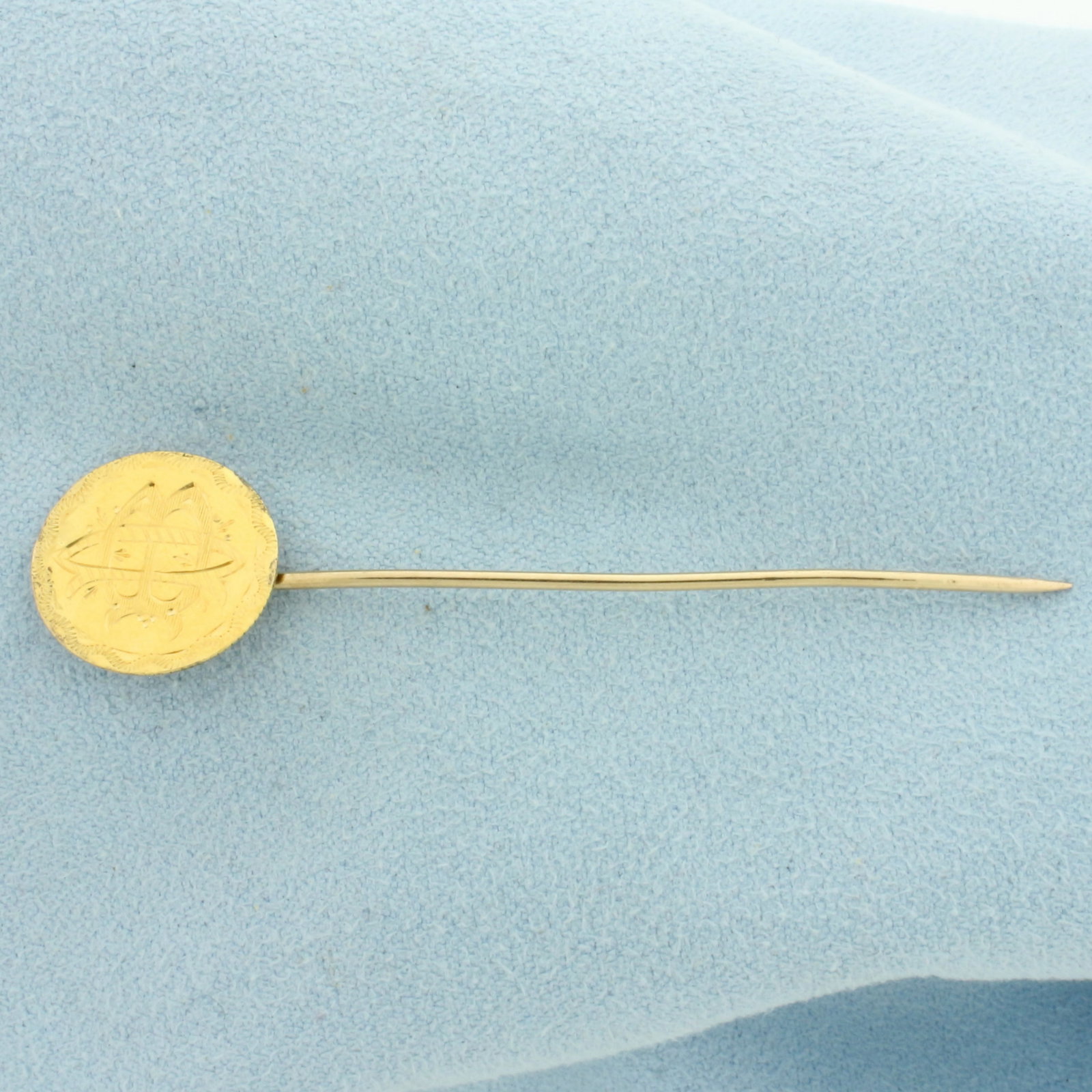 Indian princess Head Gold Coin Stick Pin in 14k Yellow Gold: In 14k Yellow Gold. Contains one modified $1 Gold Coin from late 1800s with Monogram Engraving on one side (possibly a "B" and "D"). 2 1/2 inches long. 5/8 inch wide. 2.1g.
