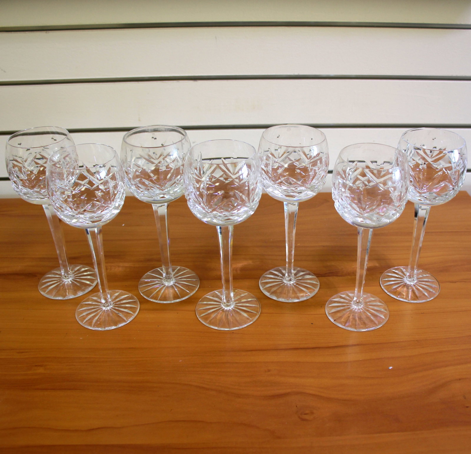 Astral Questa Cut Crystal Hock Wine Glasses Set of 7: Height: 7 3/8 inches, and width: 2 5/8 inches. 1 is has small crack.
