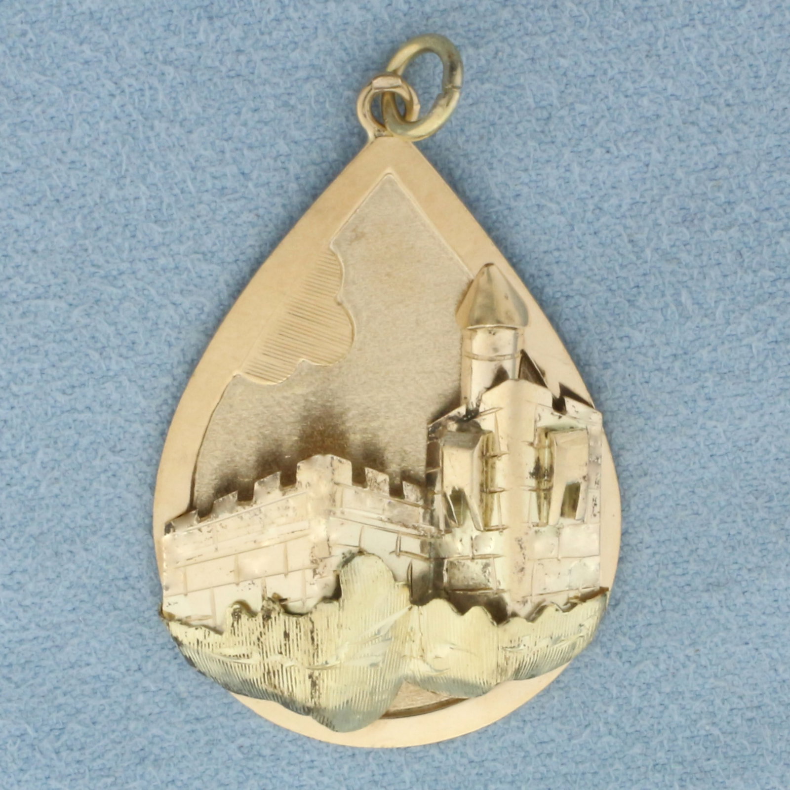 Tower of David Jerusalem Israel Charm or Pendant in 14k Yellow Gold: In 14k Yellow Gold. 1.5 inch long. 1 inch wide. 3D relief. 5.1g.