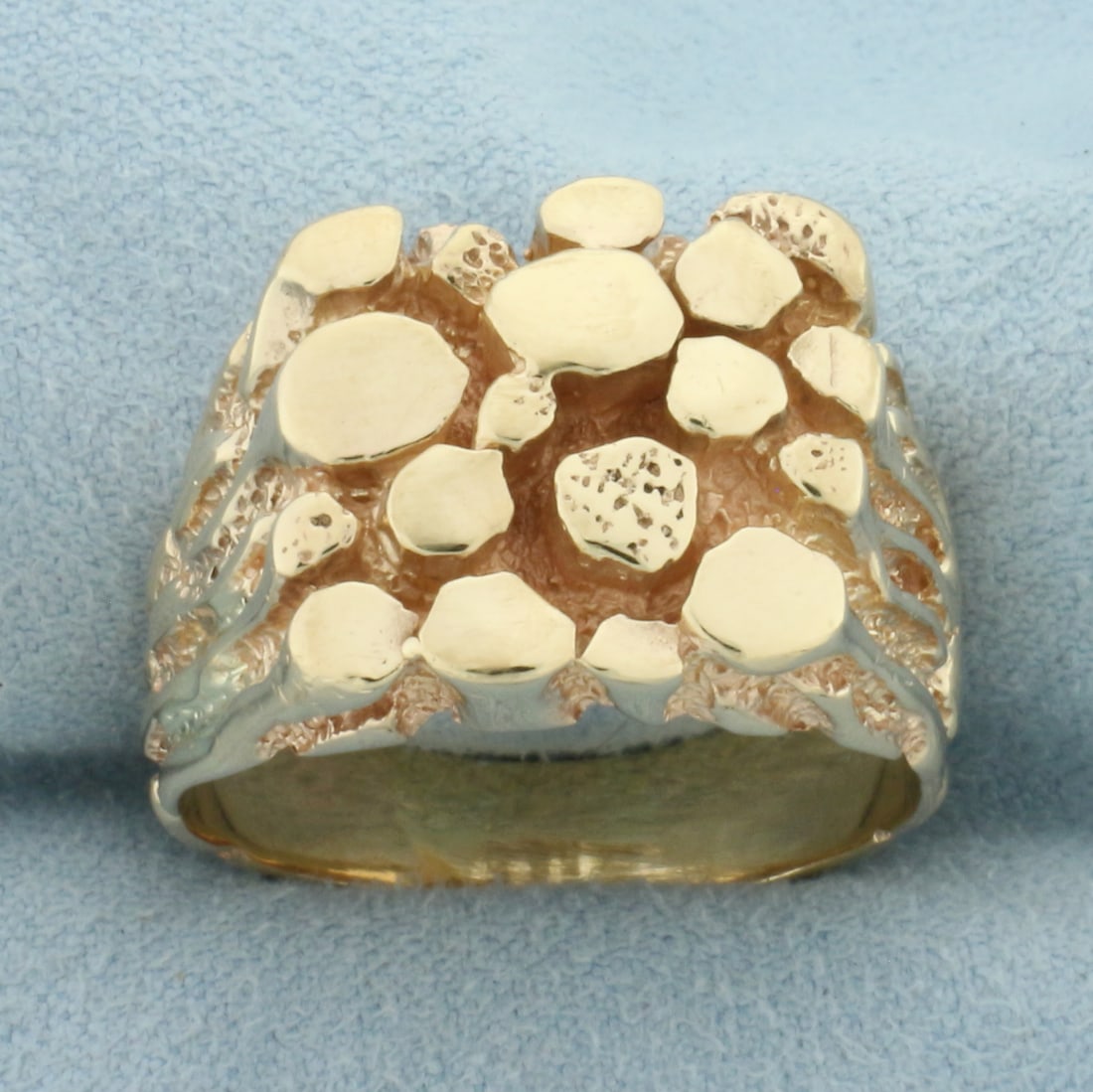 Mens Nugget Ring in 14k Yellow Gold: In 14k Yellow Gold. 16.2mm wide at widest point. Size 13. 16.5g.