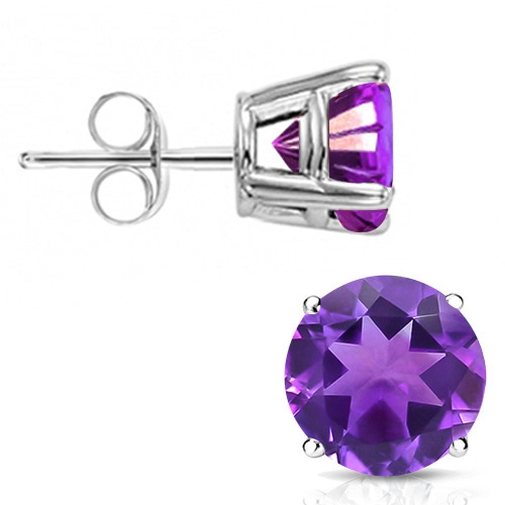 6MM Round Cut Amethyst 1.85CTW Stud Earrings in Sterling Silver: In platinum over .925 sterling silver basket mountings with friction backs included. Contains 2 round cut amethyst gemstones with excellent light purple, approx. 1.85CTW, 6mm each. 1.4g