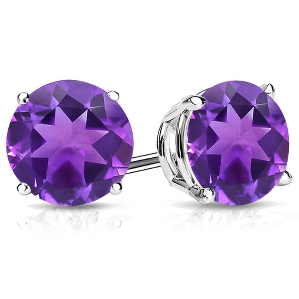 10MM Round Cut Amethyst 7.5CTW Stud Earrings in Sterling Silver: In platinum over .925 sterling silver basket mountings with friction backs included. Contains 2 round cut amethyst gemstones with excellent color, approx. 7.5CTW, 10mm each. 3.1g