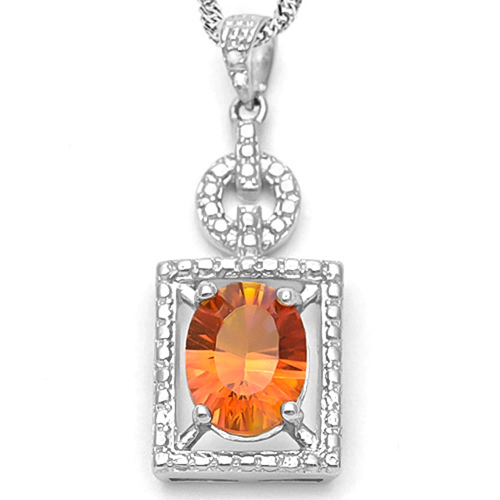 Azotic Topaz and Diamond Vintage Style Necklace in Platinum Over Sterling Silver: In platinum over sterling silver. Contains one oval cut Azotic Topaz gemstone, 1.7ct, with excellent color and clarity. Accented with 2 genuine diamonds, .01ctw. Pendant hangs on 18" sterling silver c
