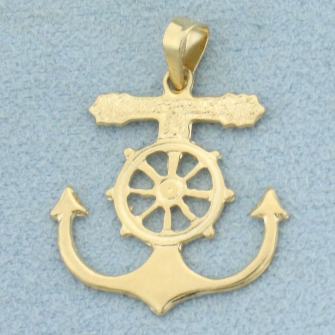 Nautical Anchor and Ships Wheel Pendant in 14k Yellow Gold: In 14k Yellow Gold. 7/8 inch long. 3/4 inch wide at widest. 0.9g.