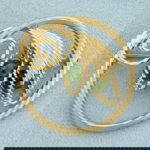 Jade Bead Abstract Design Pin in 14K Yellow Gold: In 14K Yellow Gold. Contains two high quality natural 6mm Jade Beads. 1 1/4 inches long and wide. 5.5g