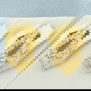 Unique Abstract Designer CZ Earrings in 18k Yellow Gold: In 18k yellow gold. 7/8 inches long x 5/8 inches wide, friction backs. Accented by high quality 2mm CZ gemstones throughout. 5.1g.