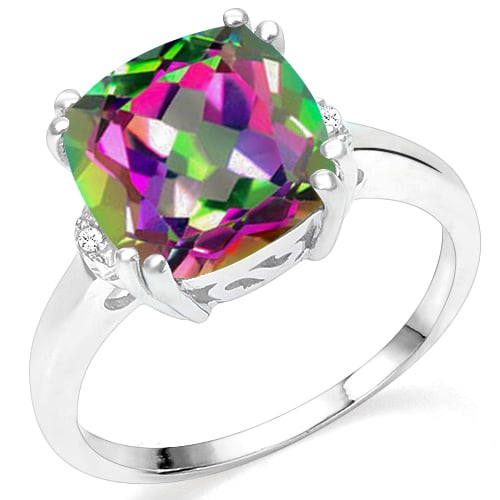 3.8CT Cushion Cut Mystic Topaz & Diamond Statement Ring in Sterling Silver: Platinum over sterling silver. Contains one 3.8ct cushion cut mystic topaz gemstone accented with two diamonds, .01ctw. Size 7. 3.2g