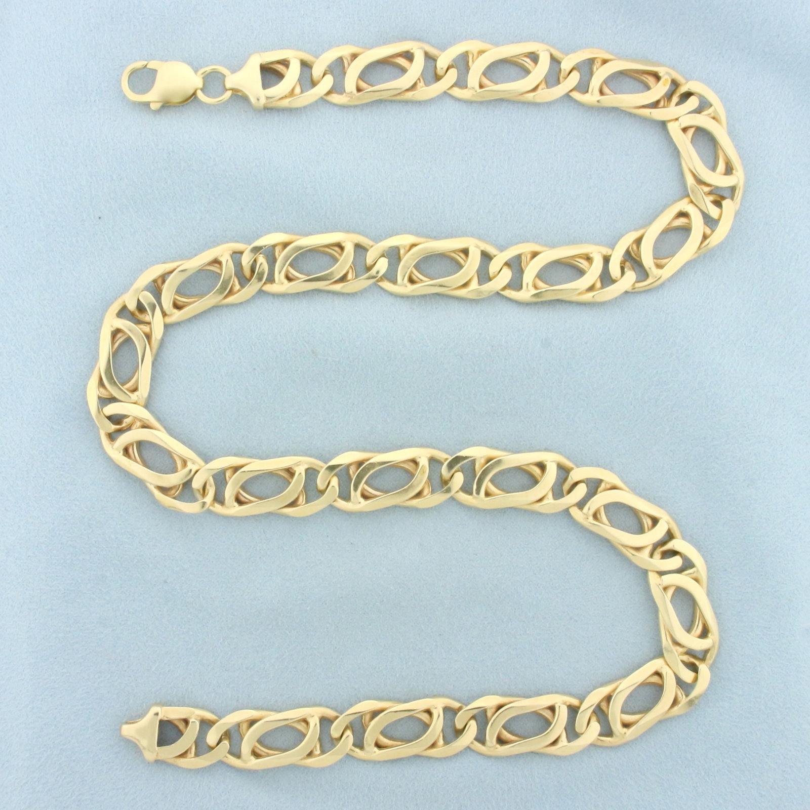 Italian 20.5 Inch Fancy Anchor Link Heavy Chain Link Necklace in 14k Yellow Gold: In 14k yellow gold. Solid links. 20.5 inches long, 11.7mm wide. Lobster clasp. 95.7g.