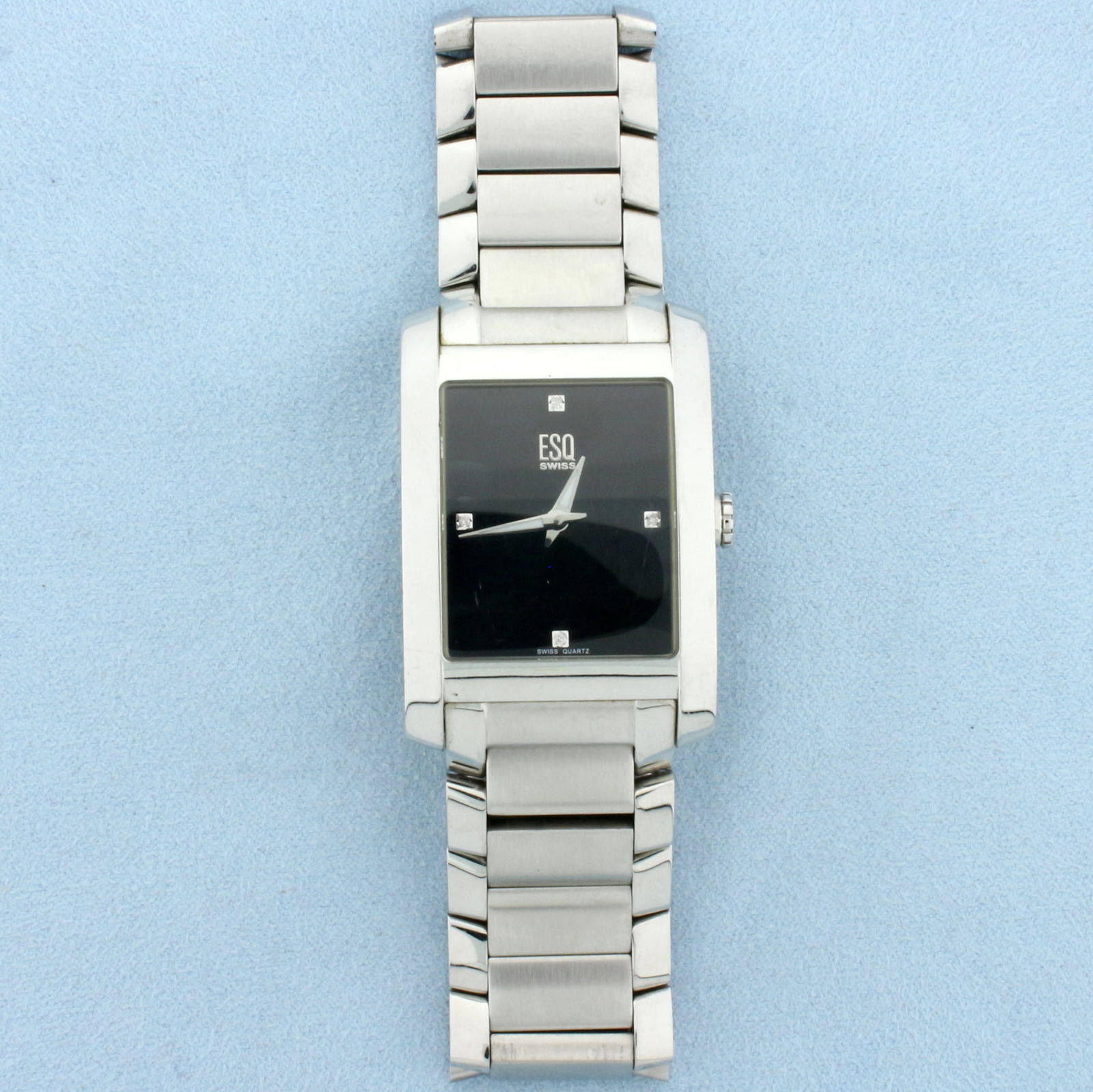 Mens ESQ Venture Diamond Tank Watch in Stainless Steel E5521: In Stainless Steel. Swiss quartz movement. New battery - runs great. No scratching on sapphire crystal, overall great condition. Water resistant 3ATM. Original box, tag, booklet, and card included.