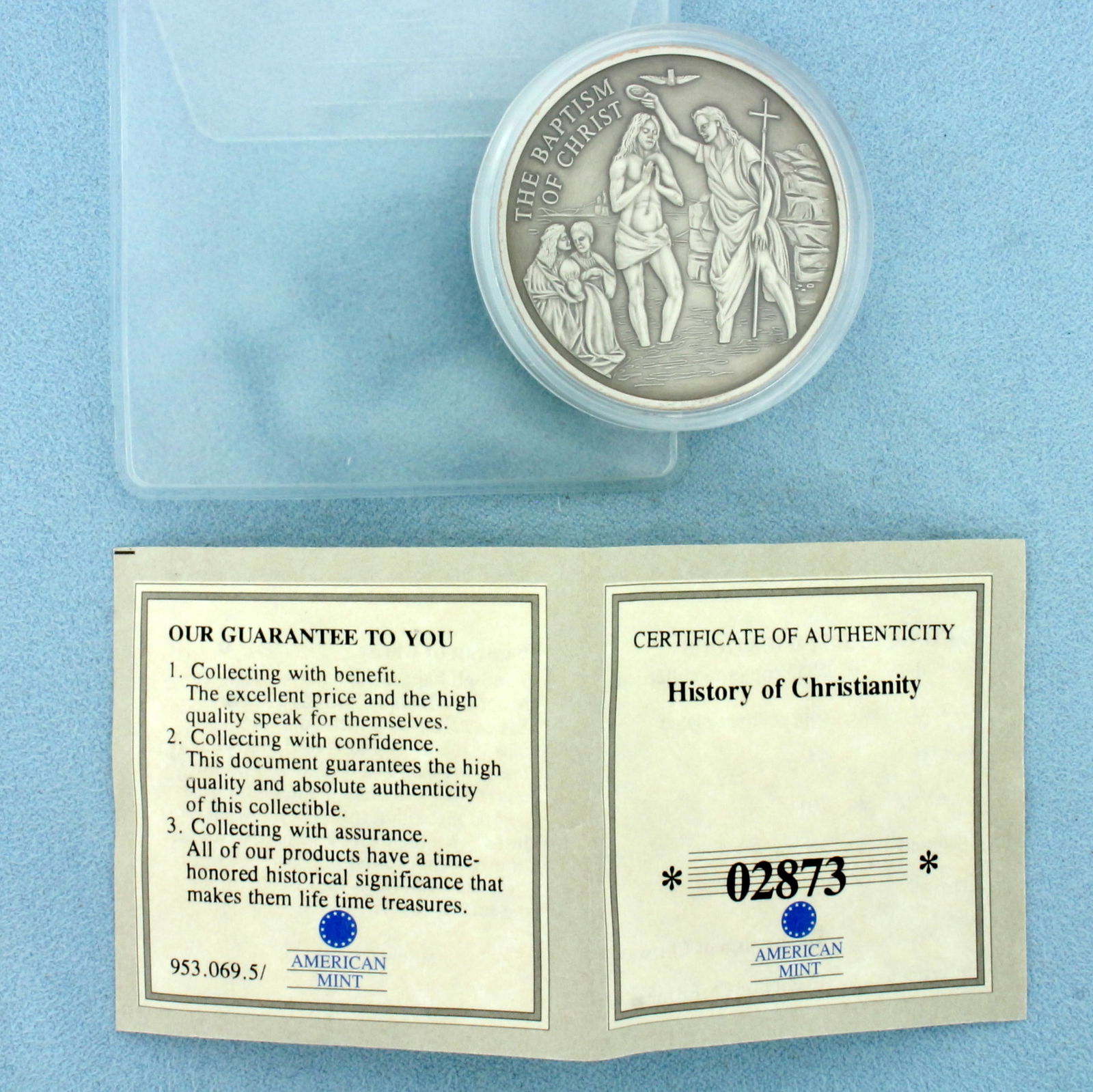American Mint History of Christianity Baptism of Christ Proof Coin with COA: In Copper Silverplate. Contains one 2011 Issued The Baptism of Christ Coin. Includes certificate of authenticity, plastic casing and sleeve. 32g.