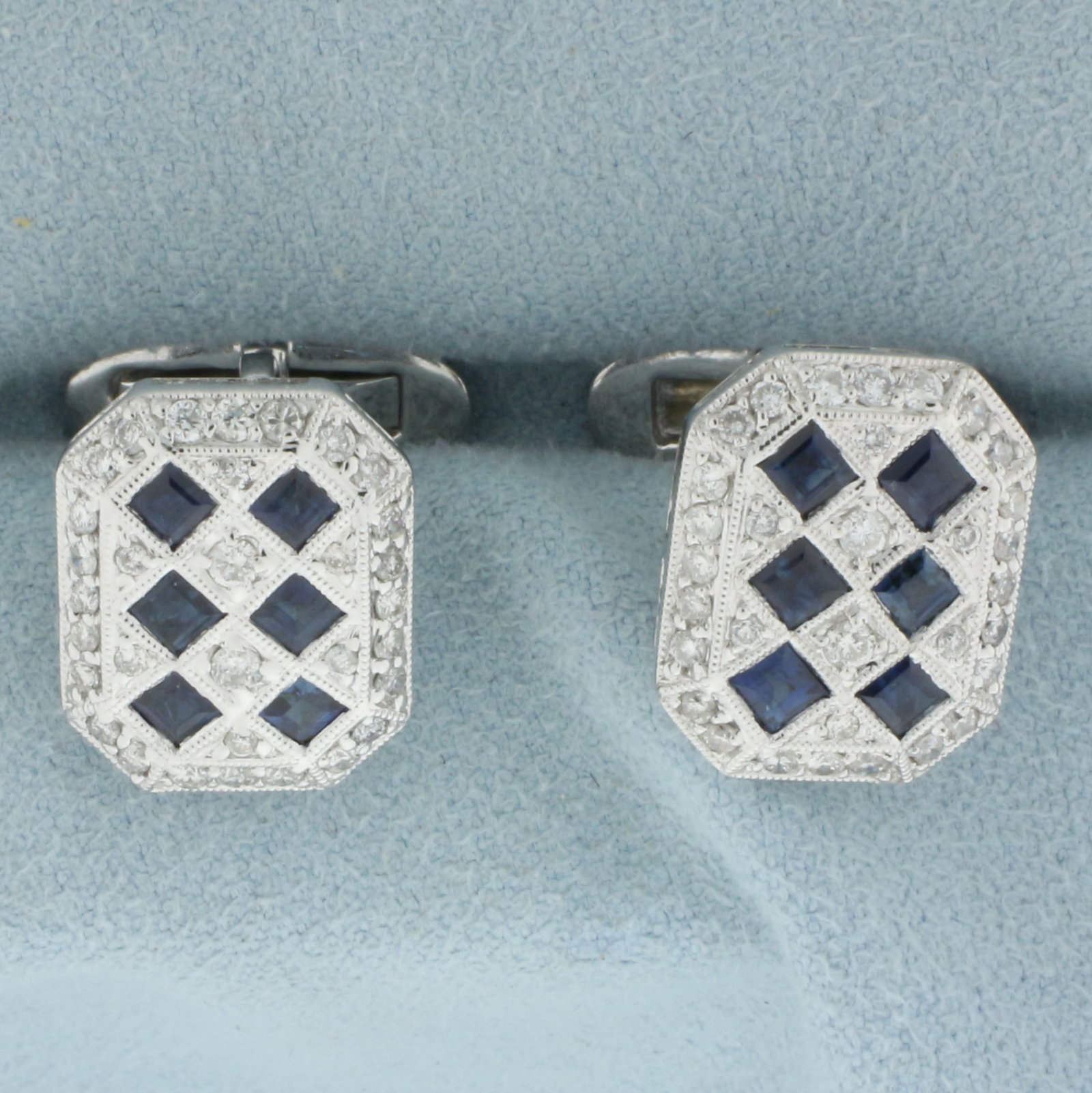 Sapphire and Diamond Harlequin Deco Design Cufflinks in 18k White Gold: In 18k white gold. Contains twelve high quality natural 2.7mm square step cut sapphires, with intense color and excellent clarity. Also contains 64 high quality diamonds, 3/4ct TW, SI clarity/G color.