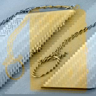 Antique Chatelaine Makeup Case with Chain in Solid 14K Yellow Gold: In Solid 14K Yellow Gold. 2 7/8 inches by 2 1/4 inches. Two compartments plus mirror. 4mm high quality natural sapphire on clasp. Gold purity tested by x ray metal analyzer to guarantee gold content.