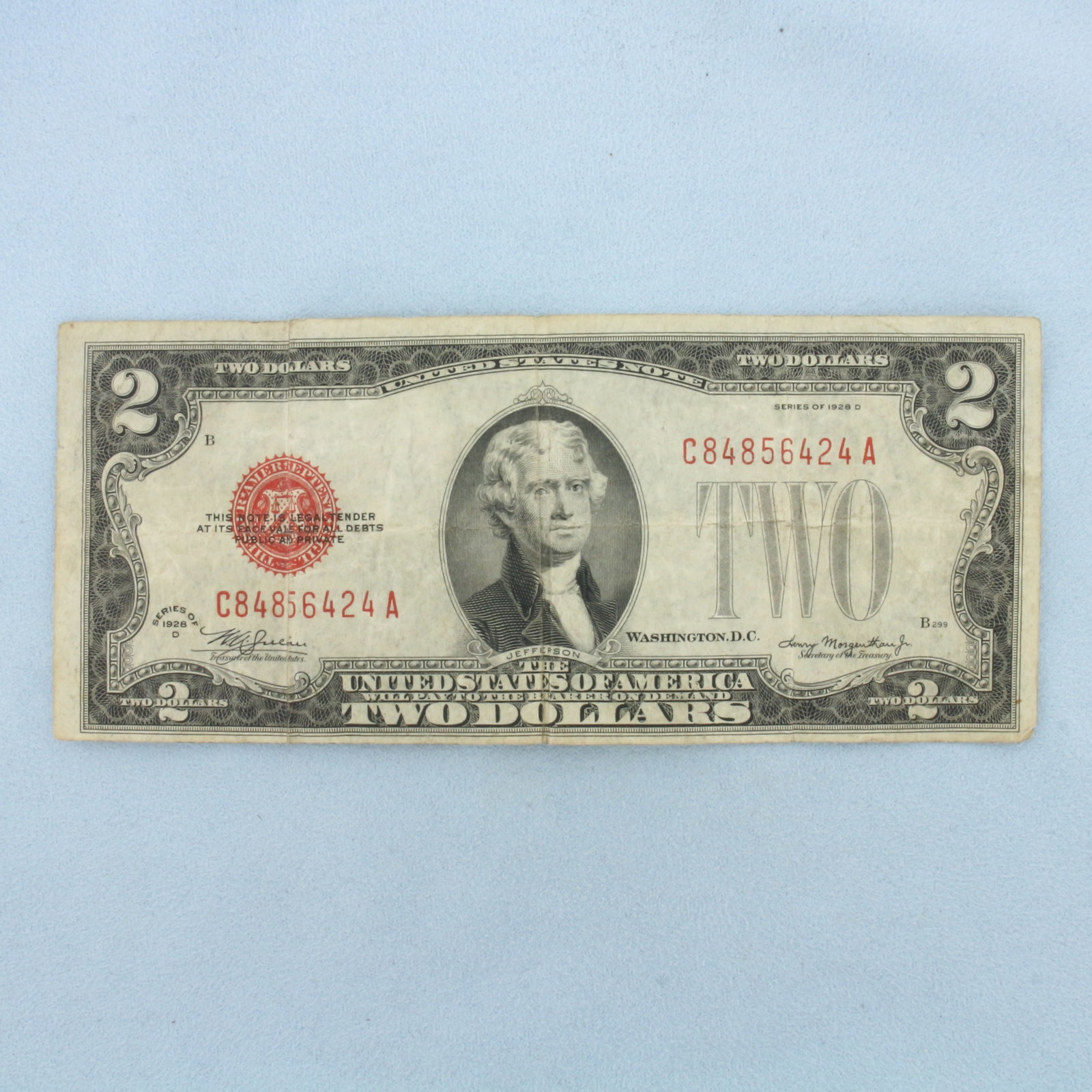 1928 $2 Red Note Bill: 1928 $2 Red Note Circulated Bill. No rips or tears, typical circulated condition.