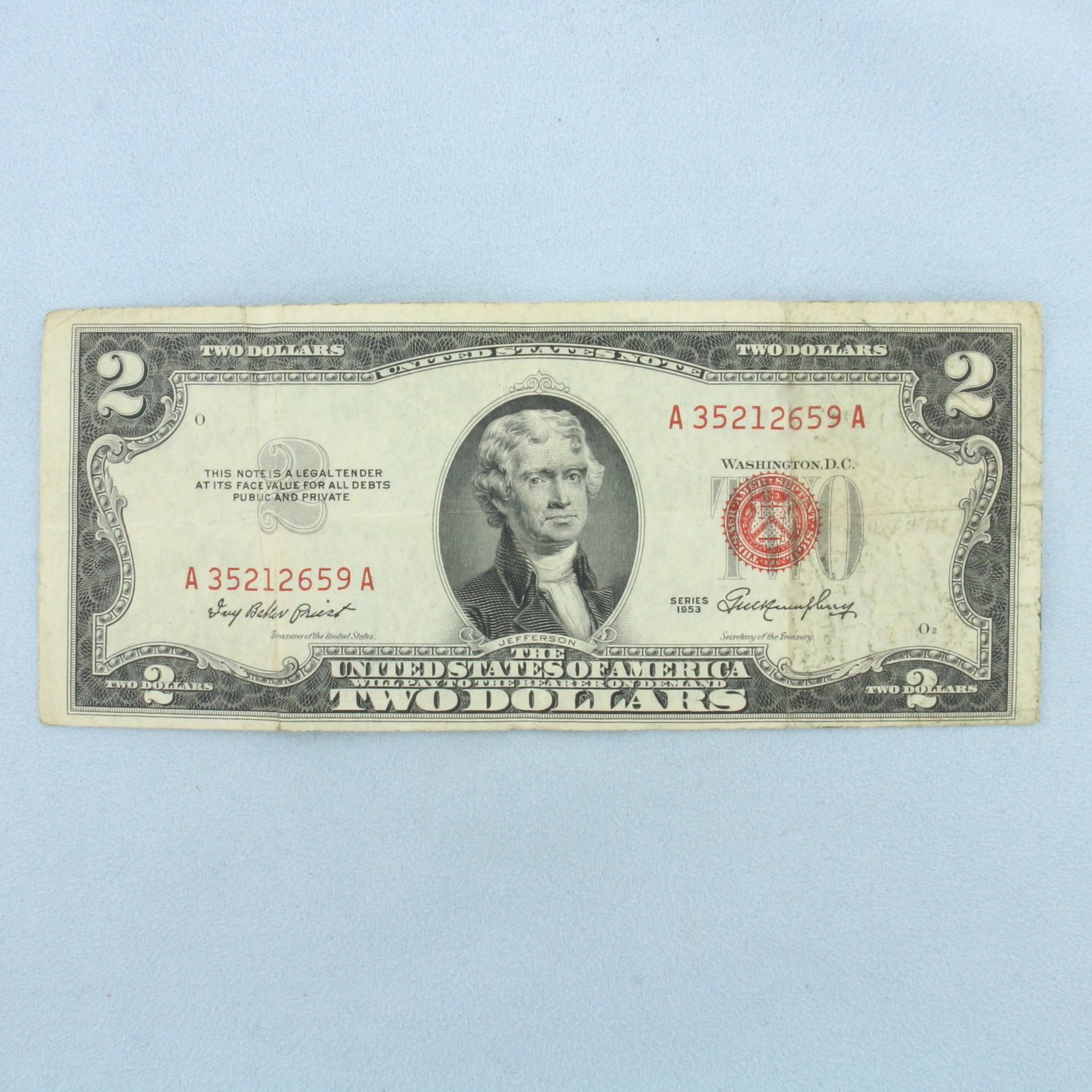1953 $2 Red Note Bill: 1953 $2 Red Note Circulated Bill. No rips or tears, typical circulated condition.