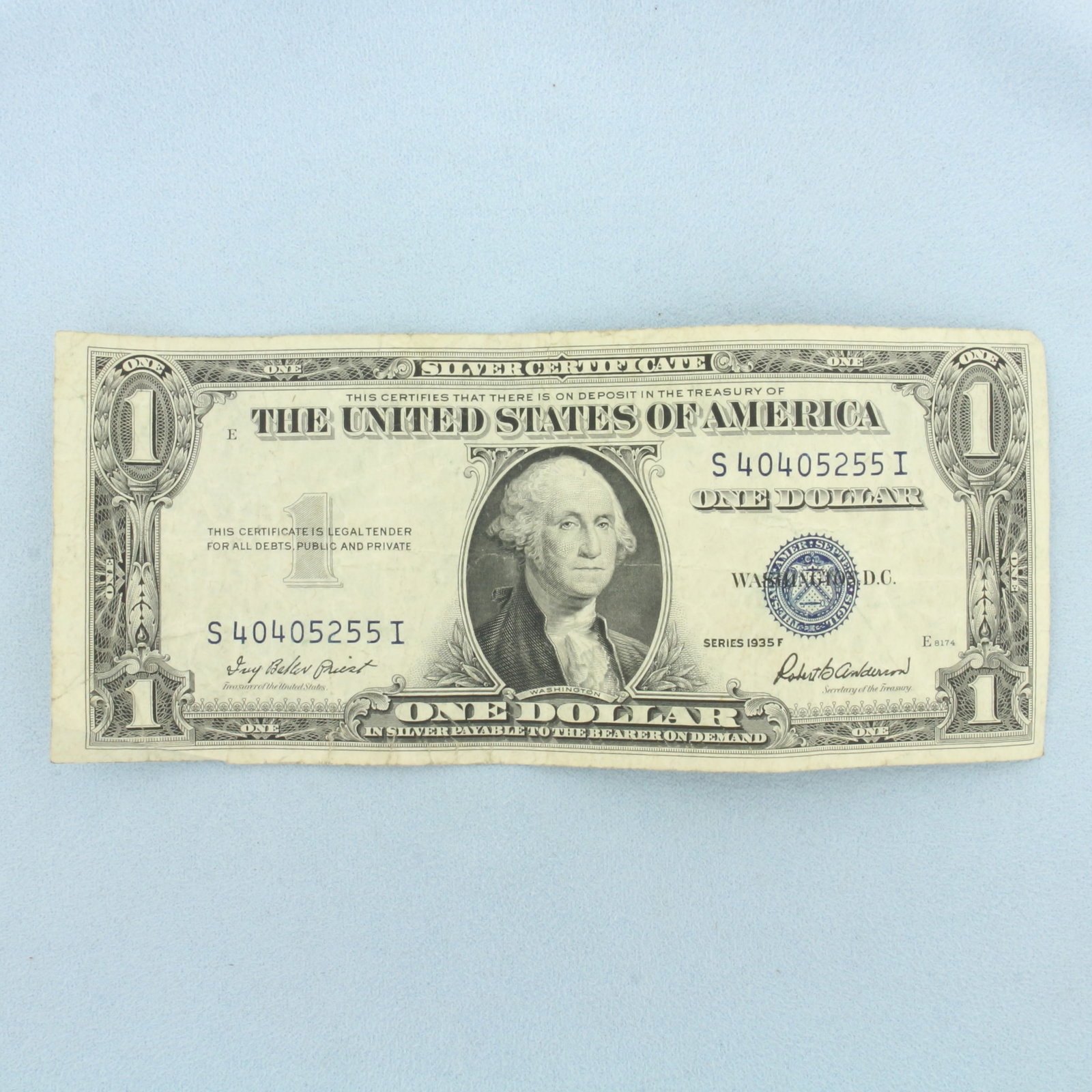 1935 $1 Silver Certificate Blue Seal Bill: $1 One Dollar Silver Certificate banknote with a blue seal, circulated condition. No rips or tears on note, typical circulated condition.