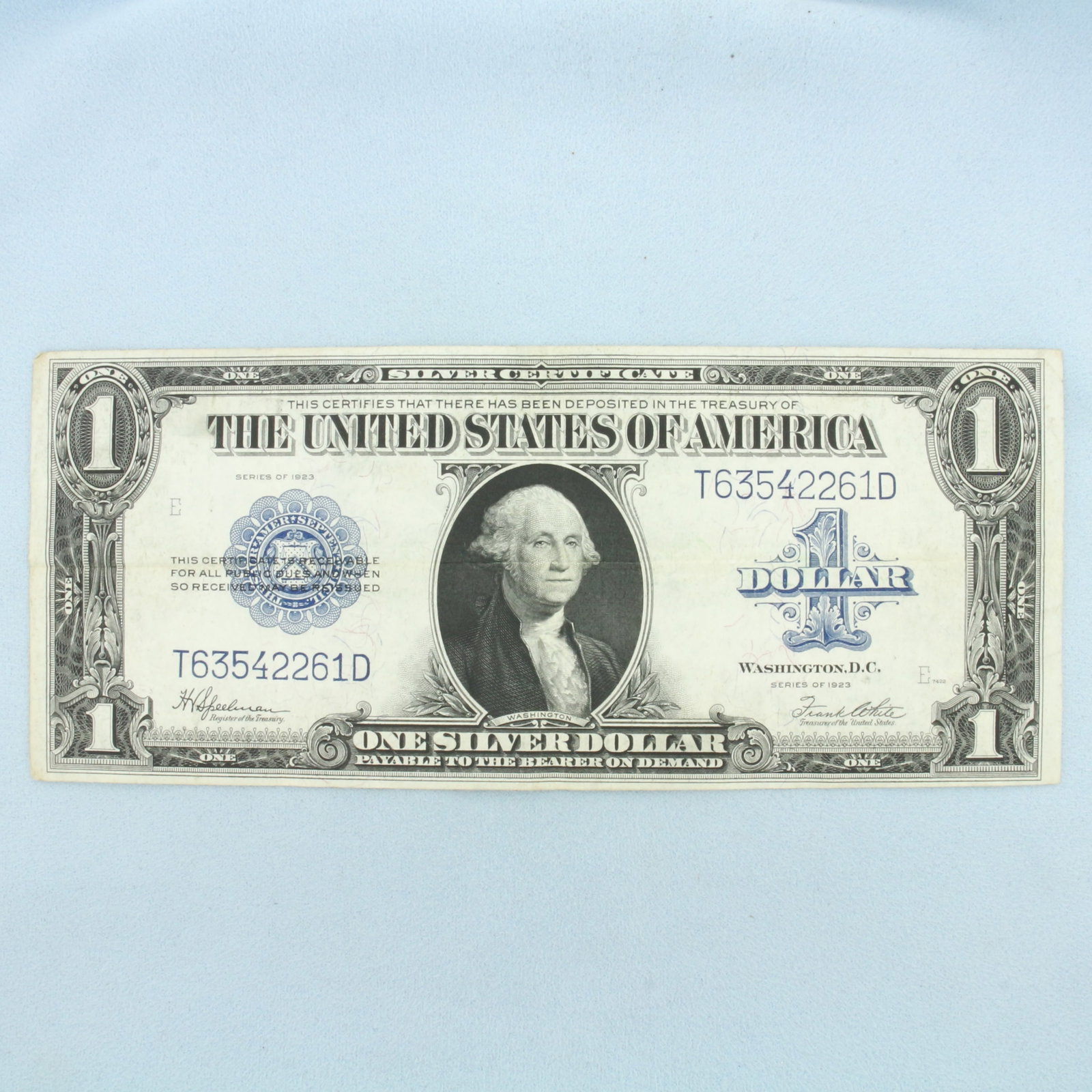 1923 $1 Silver Certificate Blue Note Bill Funnyback: $1 One Dollar Silver Certificate banknote with a blue seal, circulated condition. Condition shown on picture, no rips or tears.